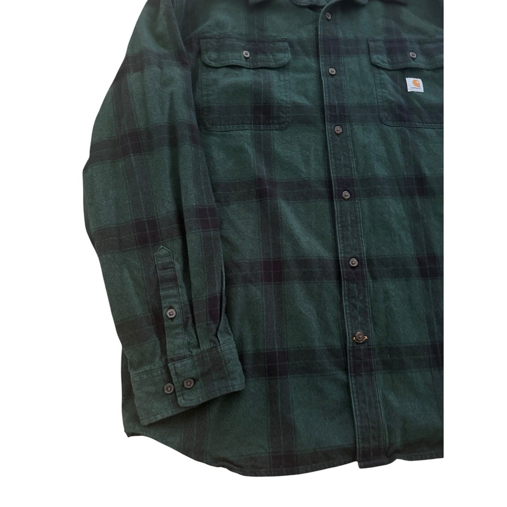 Carhartt Shirt Mens XL Green Plaid Loose Fit Button Up Flannel Workwear Pockets - Picture 2 of 7